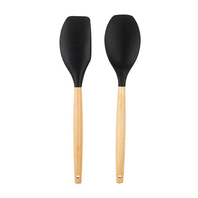 BAMBU SAPLI SİLİKON BÜYÜK KAŞIK VE SPATULA SETİ Füme